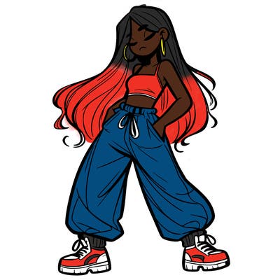 girl in baggy pants crop top and long hair