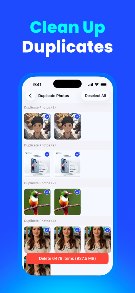 PureDefend: Security & Cleaner - PureDefend app showing duplicate photos identified for bulk deletion to free up storage space