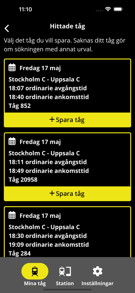 Mina Tåg - Train search results in the Mina Tag app showing departures from Stockholm to Uppsala with a high-contrast yellow and black theme.