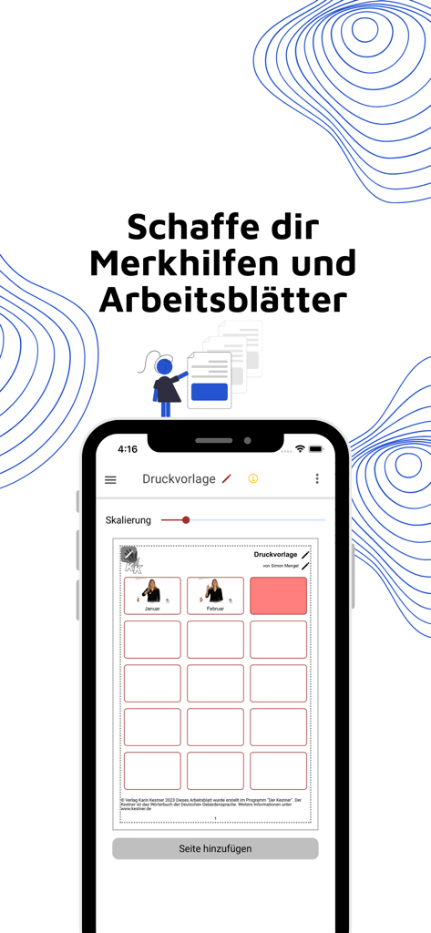 Der Kestner app screenshot showing a tool to create custom German Sign Language worksheets and memory aids on a smartphone