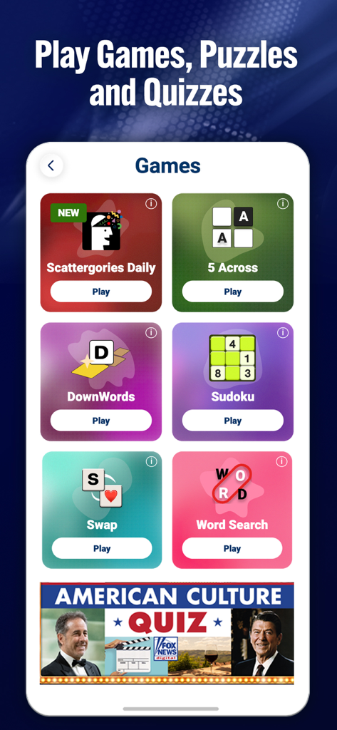 Menú de juegos interactivos y rompecabezas disponibles en la aplicación móvil Fox News