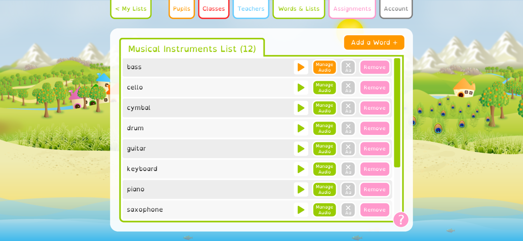 Squeebles Spelling Connect - Interface of Squeebles Spelling Connect showing a custom spelling list for musical instruments with options to record and manage audio