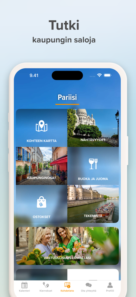 Aurinkomatkat - Aurinkomatkat mobile app showing Paris destination information with sights and dining categories