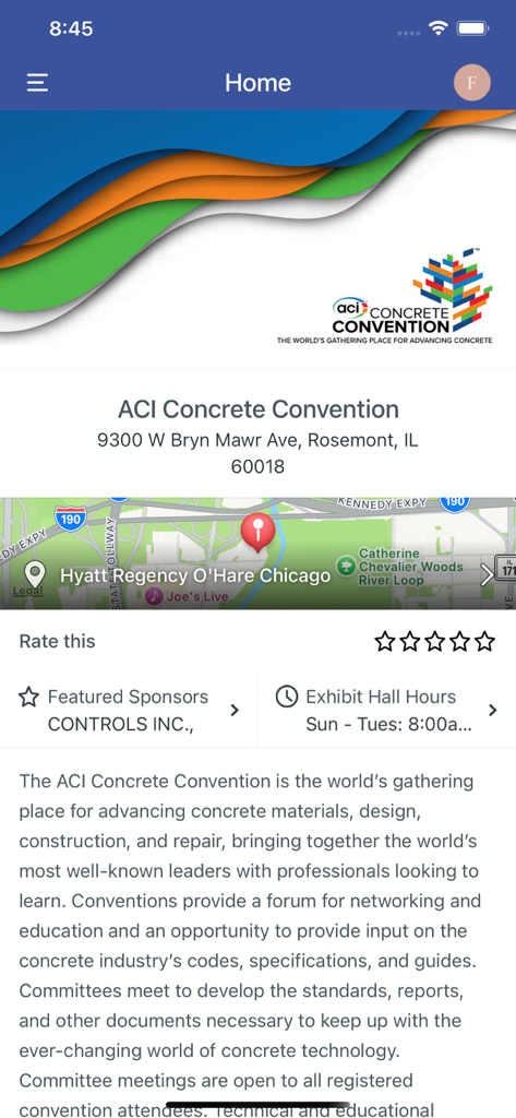 ACI Convention - Home screen of the ACI Concrete Convention app showing event location map and sponsors