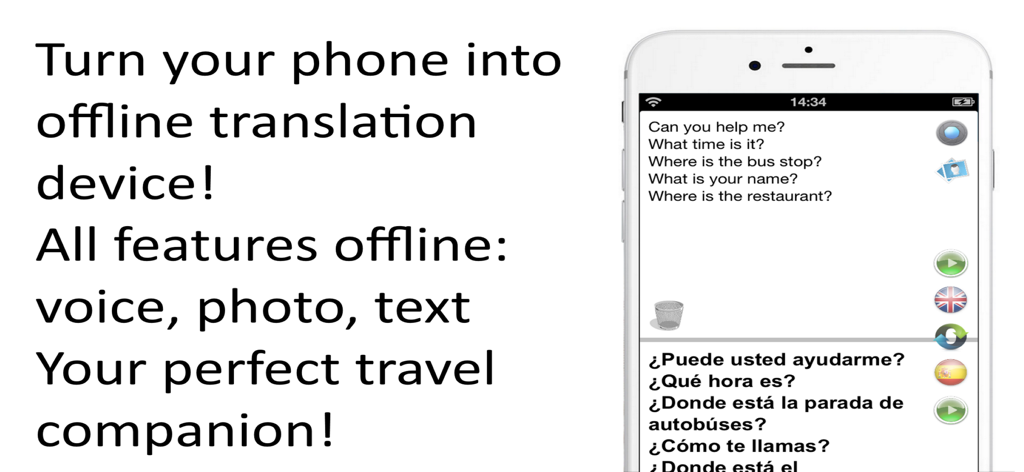 Offline Translator Pro app interface showing text translation from English to Spanish