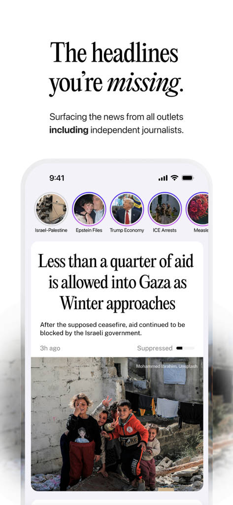 Interval News mobile App-Oberfläche mit untererfassten globalen Schlagzeilen und unabhängigen Journalismus-Kategorien.