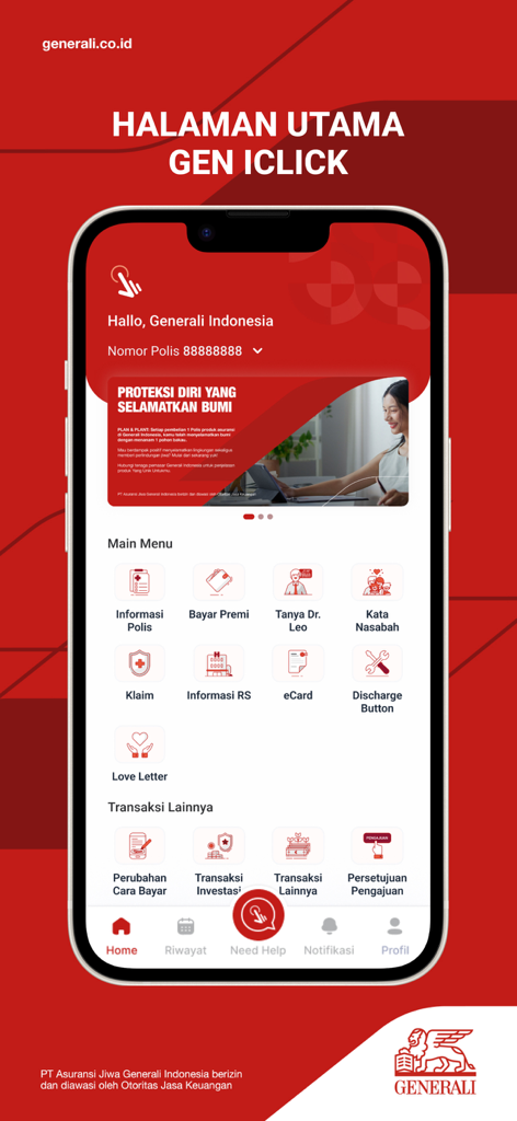 Gen iClick - Asuransi & DPLK - Main menu screen of the Gen iClick mobile app showing insurance and pension fund services