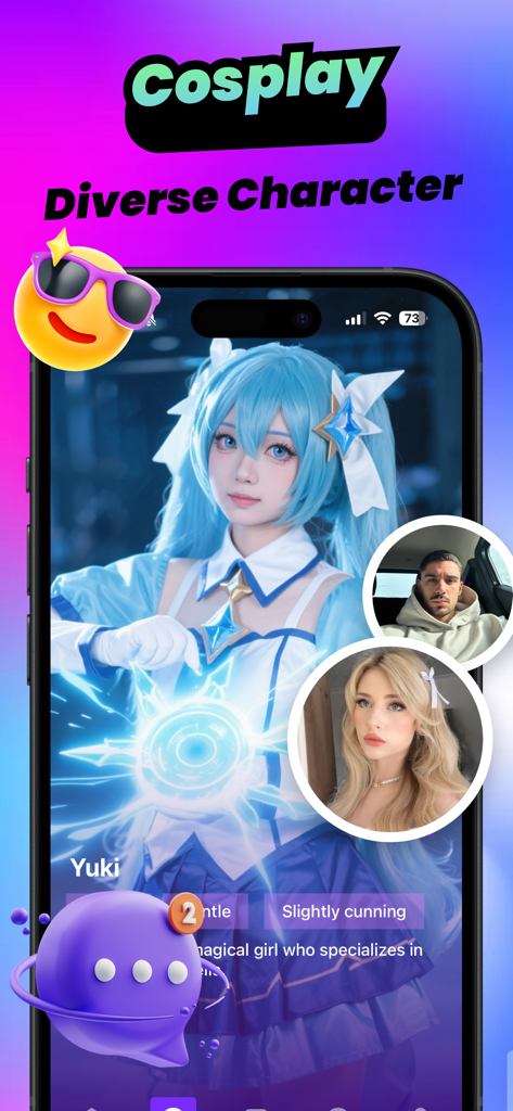 Coschat - Adult Hot Chat - Interface do aplicativo móvel Coschat mostrando um perfil de personagem de garota mágica de IA para roleplay imersivo.