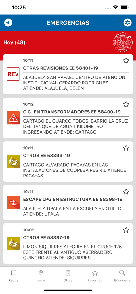 Bomberos CR - A list of real-time emergency incidents in Costa Rica with time and location details.