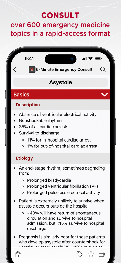Captura de tela do aplicativo 5-Minute Emergency Medicine exibindo informações clínicas para Assitolia, incluindo diagnóstico e etiologia.