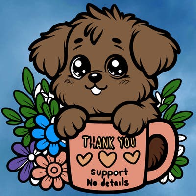 a really cute puppy holding a thank you for support mug with flowers everywhere