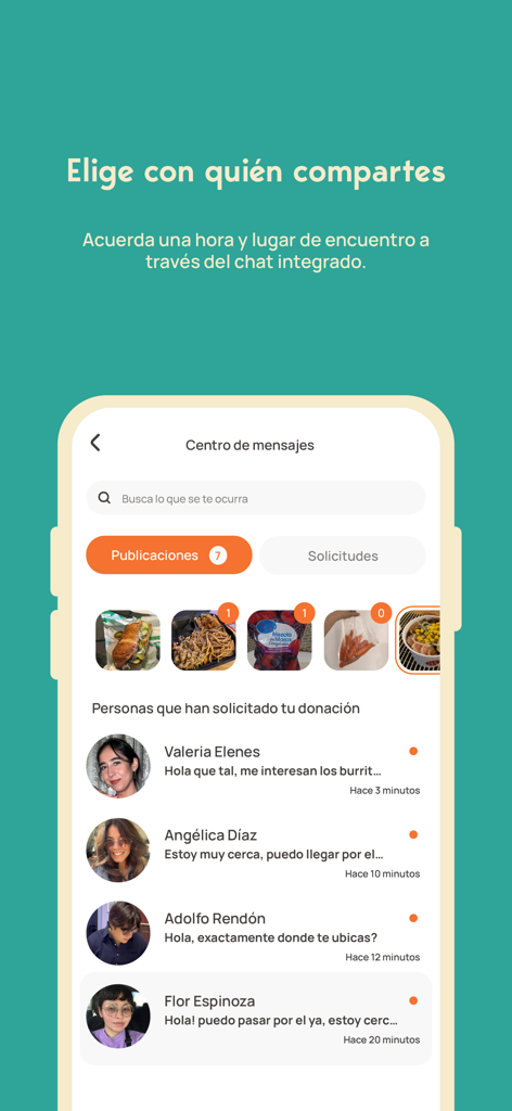 TacoShare app message center interface showing food donation requests from community members