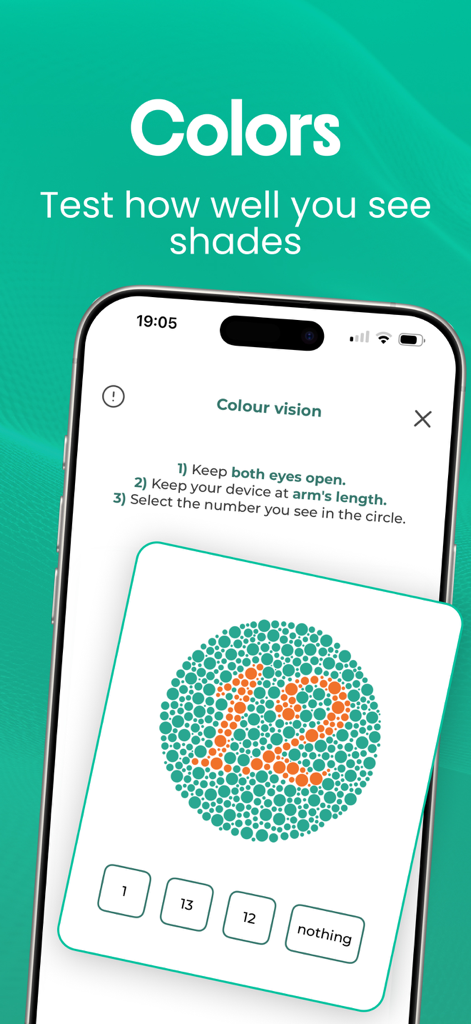 Eye Test: Check Your Vision - Interfaz de prueba de visión del color que muestra una lámina de Ishihara con el número doce en círculos punteados.