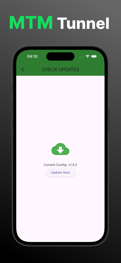 Interface of the MTM Tunnel Lite app showing the check updates screen with a cloud download icon and update button.