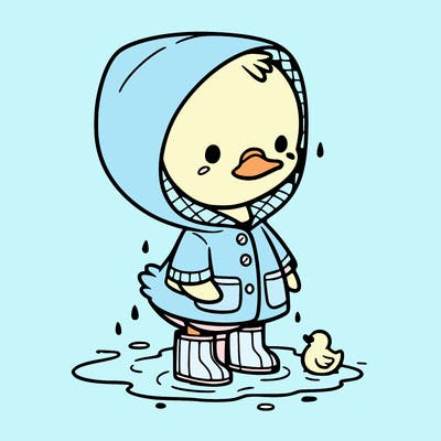 baby duck in a rain coat and boots, in a puddle while it’s raining