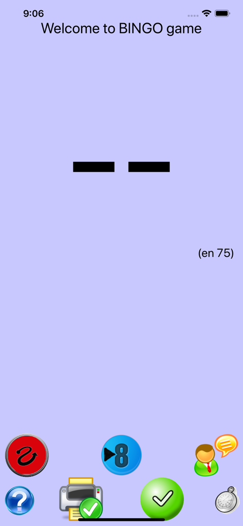 Bingo 75 - Hauptmenü der Bingo 75 App mit Symbolen zum Drucken von Karten und Starten eines Spiels