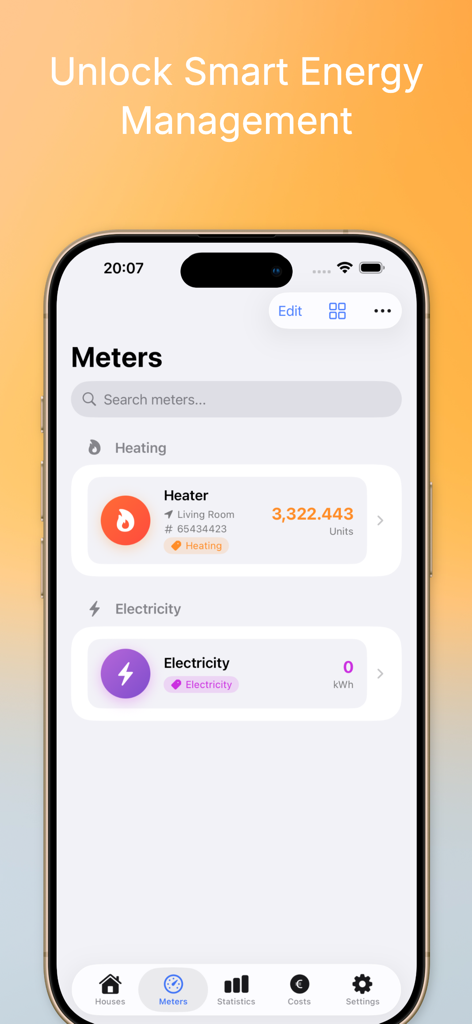 A screenshot of the Meter Usage app showing a dashboard with heating and electricity meter readings on an iPhone.