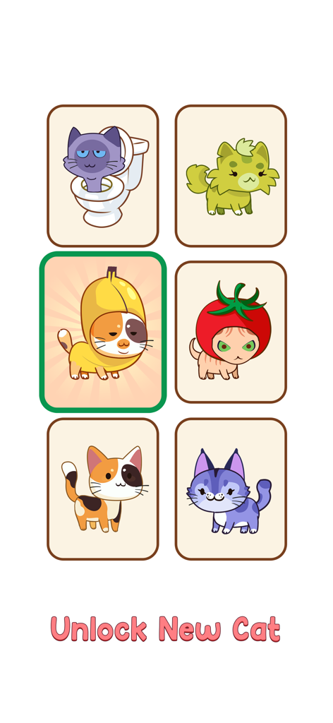 Cat Puzzle: Draw to Kitten - A mobile game screen showing a collection of unlockable cat characters in funny costumes like a banana and a tomato.