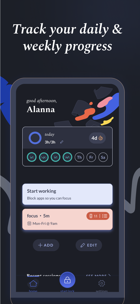 Panel de la aplicación Focus Lock que muestra los objetivos diarios de tiempo de pantalla y las rachas de progreso semanales