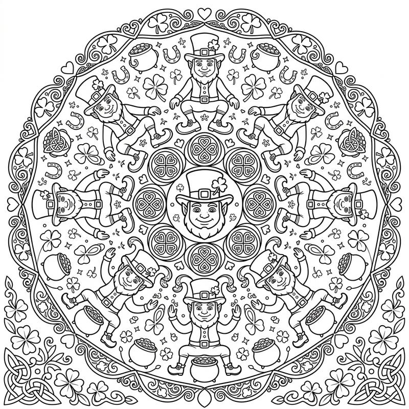 Dive into the luck of the Irish with this mesmerizing Leprechaun Mandala coloring page. This intricate design features playful leprechaun figures and classic St. Patrick's Day symbols, perfect for a festive coloring session.