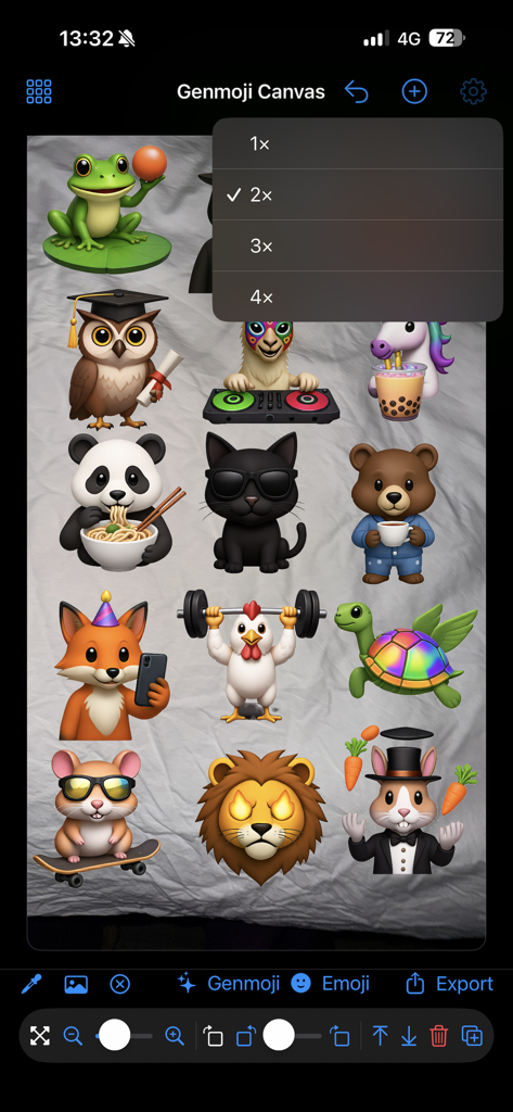 Interface of Genmoji Studio Canvas showing a grid of custom emojis and an export resolution menu