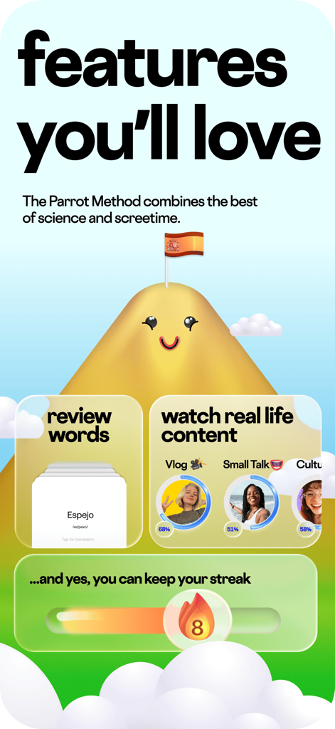 Parrot – Learn Spanish Fast - Features of the Parrot Spanish learning app showing word reviews real life content and daily streaks