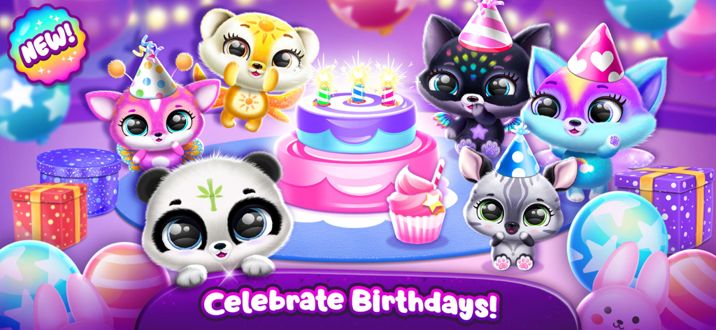 Fluvsies Pocket World - Cute pets celebrating a birthday with cake and party hats in Fluvsies Pocket World.