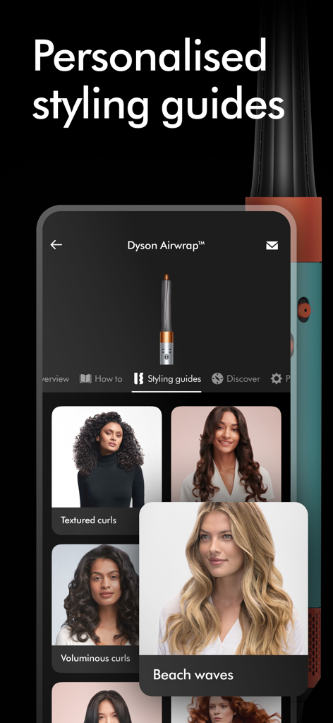 Capture d'écran de l'application MyDyson montrant des guides de coiffure personnalisés pour le Dyson Airwrap, notamment des boucles texturées et des ondulations effet plage.