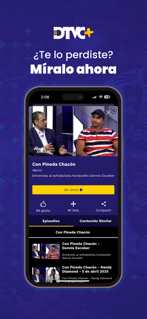 DTVC plus app video on demand interface showing a sports interview with a Honduran footballer