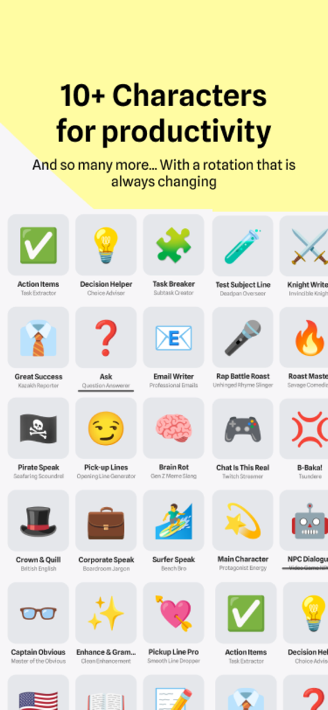 CharacterKey - AI Keyboard - Una selección de iconos de personajes de IA dentro de la aplicación CharacterKey, incluidas herramientas de productividad y personalidades sociales