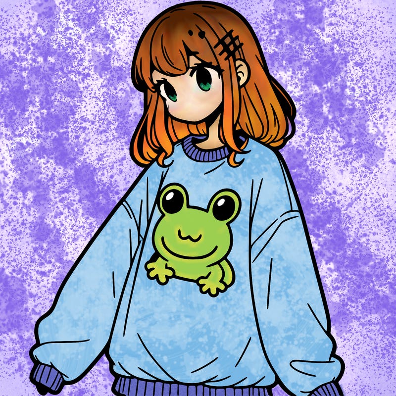 girl wearing frogging sweatshirt