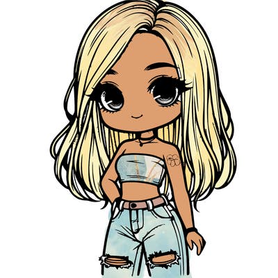 relistic chibi girl in crop top and ripped jeans