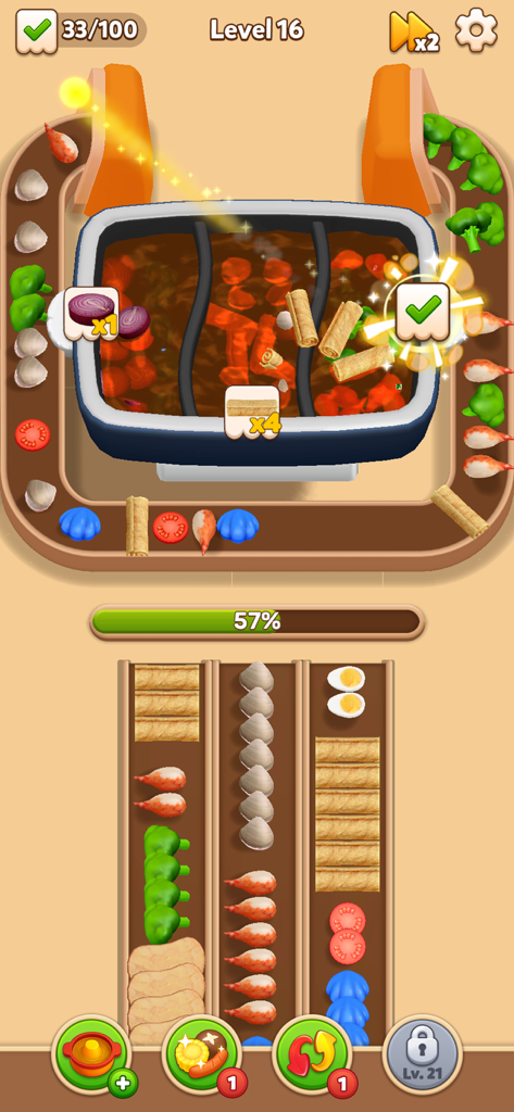 Gameplay screen of Hotpot Flow showing food ingredients like shrimp and vegetables being sorted onto a conveyor belt into a bubbling hot pot