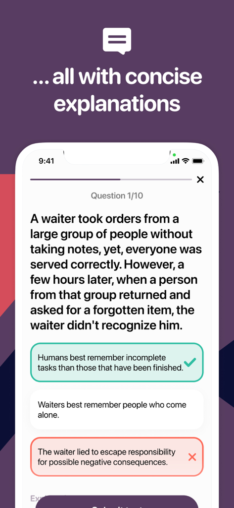 LSAT Prep - LSAT練習問題と複数の選択肢、簡潔な説明にハイライトが表示されたモバイル画面