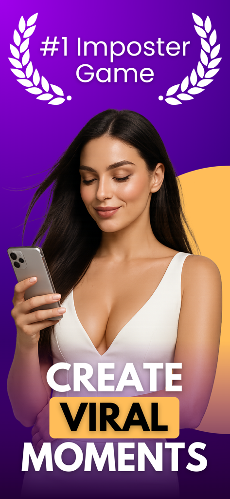 Imposter Game: Party Word Game - テキストに「バイラルモーメントを作成」と「ナンバー1インポスターゲーム」と書かれたスマートフォンを見つめる若い女性