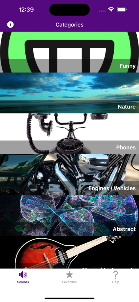 Notification Sounds Ringtones - List of notification sound categories including Funny Nature and Engines