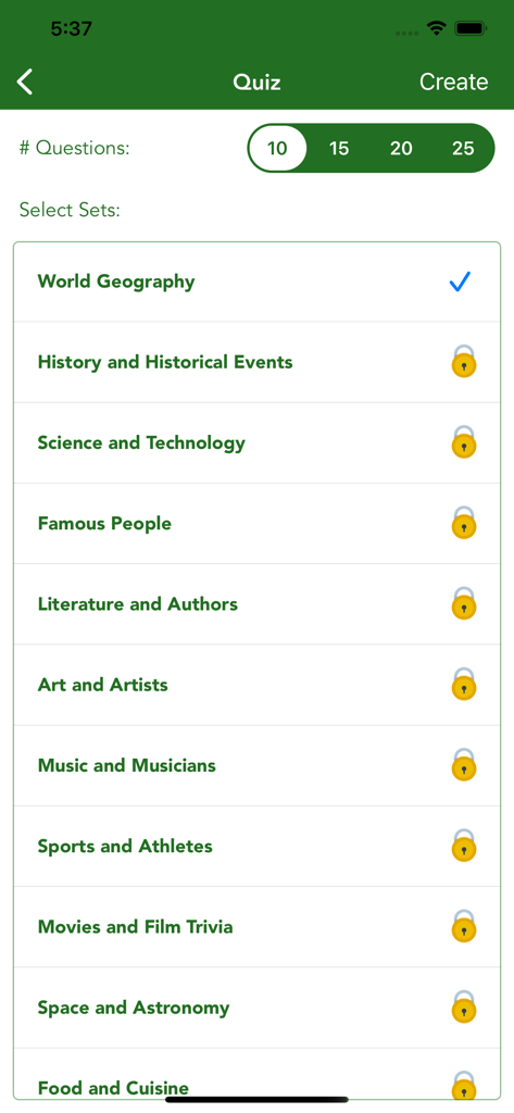 General Knowledge Trivia Quiz+ - Interfaz de la aplicación de trivia que muestra la selección de categorías y la configuración del número de preguntas.
