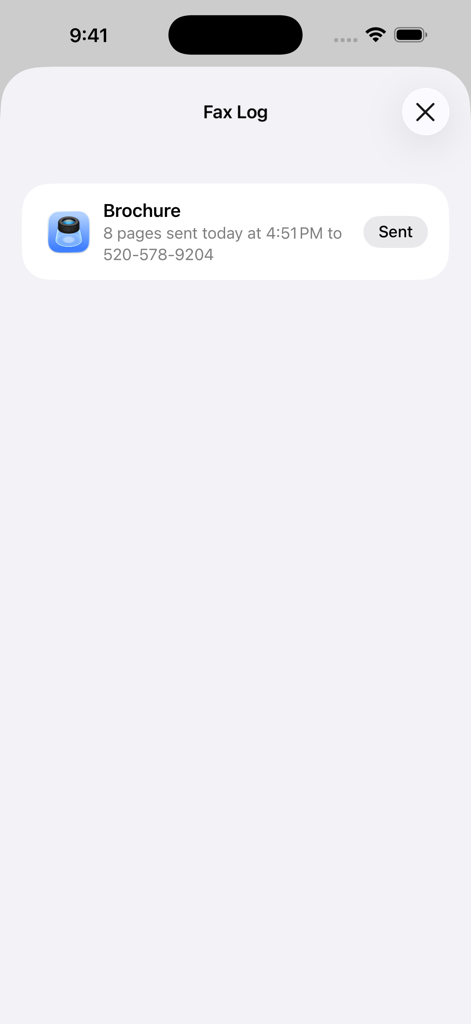 Simplefax - fax app - Fax log screen in the Simplefax app showing a successfully sent document brochure