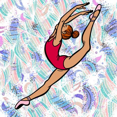 gymnast doing a leap in a leotard with a bent back leg