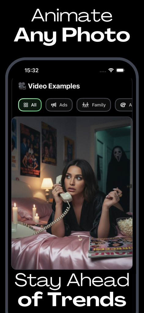 AI Studio - AI Video Generator - AI Studio 앱 인터페이스는 시네마틱 동영상 예시와 함께 사진 애니메이션 기능을 보여줍니다.