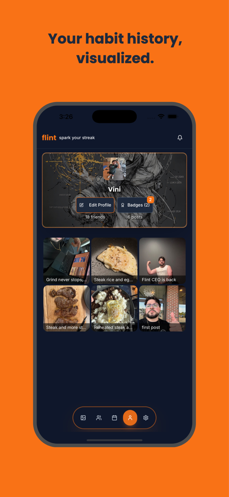 flint: Social Habit Tracker - Pantalla de perfil de la aplicación móvil mostrando una cuadrícula de registros de hábitos basados en fotos y estadísticas de conexión social