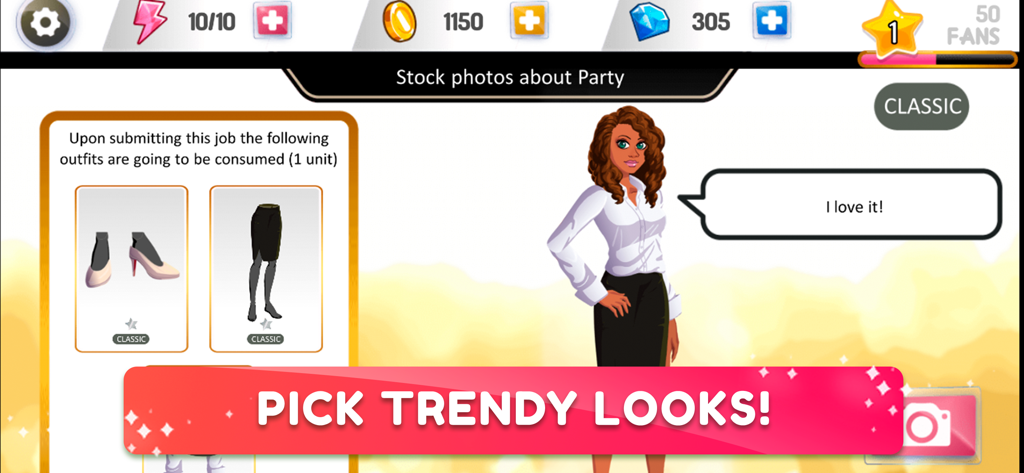 Fashion Fever 2: Dress Up Game - A character model in Fashion Fever 2 wearing a stylish outfit with a pick trendy looks banner