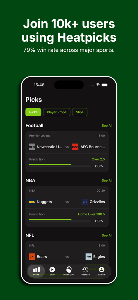 AI Powered Picks - Heatpicks - Interfaz de la aplicación de apuestas deportivas con IA Heatpicks que muestra predicciones de apuestas deportivas impulsadas por IA y calificaciones de confianza para partidos de fútbol y baloncesto.