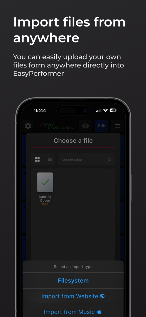 Easy Performer - Easy Performer app screen showing options to import audio and video files from filesystem website or music library