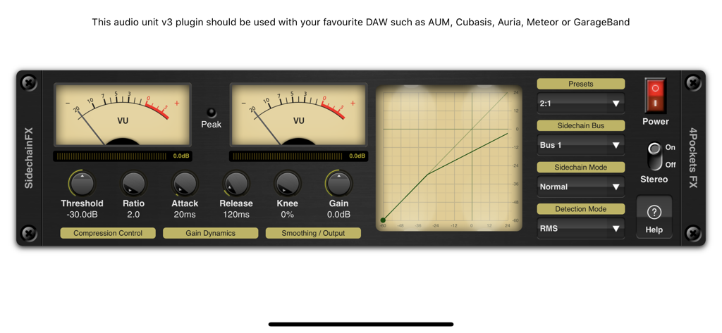 VUメーターとダイナミックオーディオコントロールを表示するSidechain Compressor Pluginのユーザーインターフェース