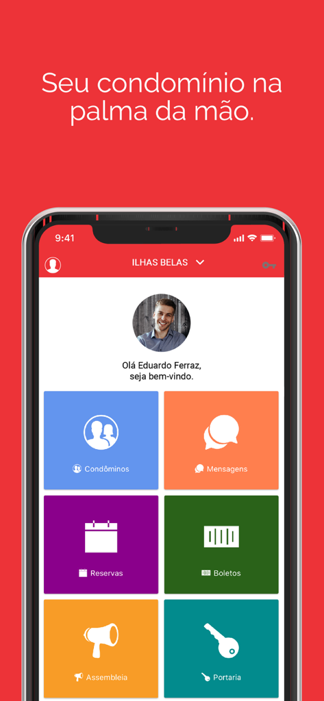 Interface do aplicativo de gerenciamento de propriedades Zello Administradora mostrando blocos de menu para moradores, mensagens e acesso ao prédio.