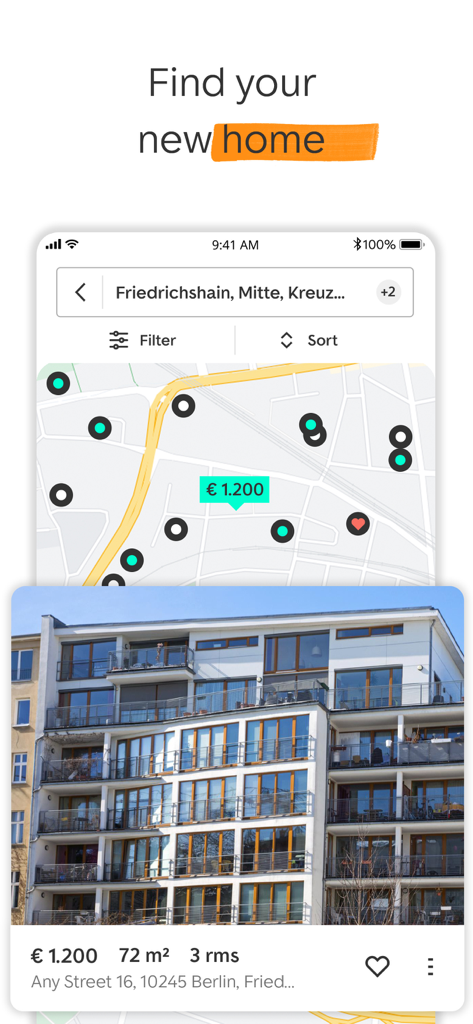 Mobile interface of the ImmoScout24 app showing a map with real estate listings and a detailed property card for an apartment in Berlin.