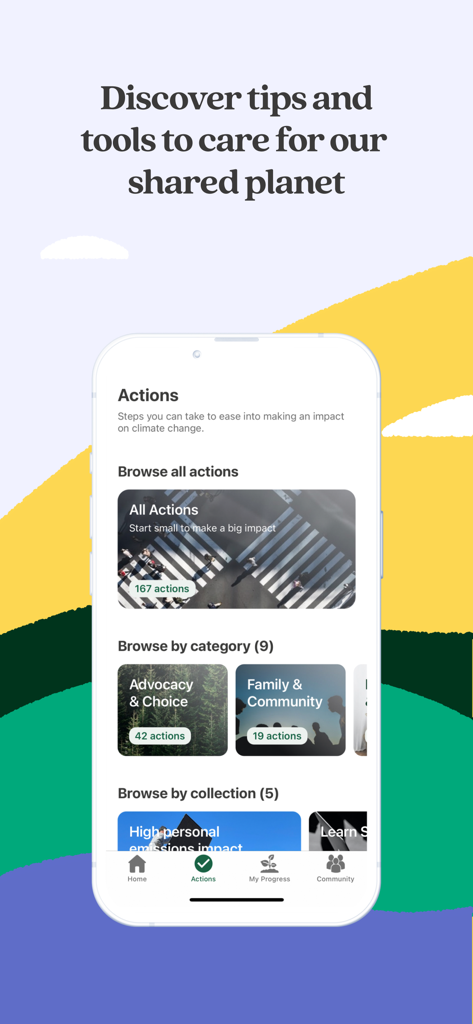 Earth Hero: Climate Change - Earth Hero app interface showing various climate action categories and sustainable living tips for users
