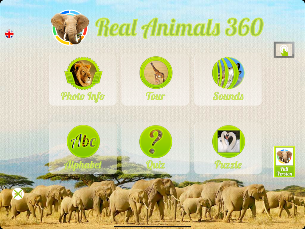 Real Animals 360 - Menu principal de l'application Real Animals 360 montrant les modes de jeu éducatifs pour enfants, y compris Info Photo, Tournée, Sons, Alphabet, Quiz et Puzzle.