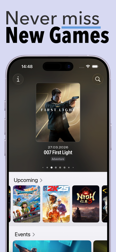 GamingBuddy: Game Tracker - GamingBuddy app interface showing upcoming new game releases and a featured game countdown for 007 First Light